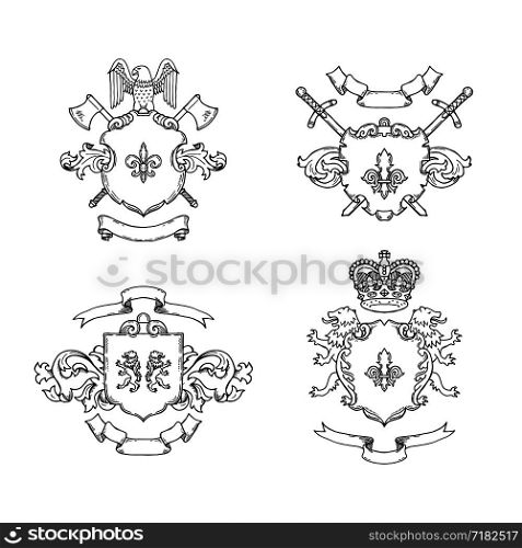 Vector hand drawn heraldics emblem of set illustration isolated on white. Vector hand drawn heraldics illustration