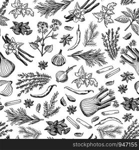 Vector hand drawn herbs and spices background or pattern illustration. Spice ingredient pattern, aroma herbal natural drawing. Vector hand drawn herbs and spices background or pattern illustration