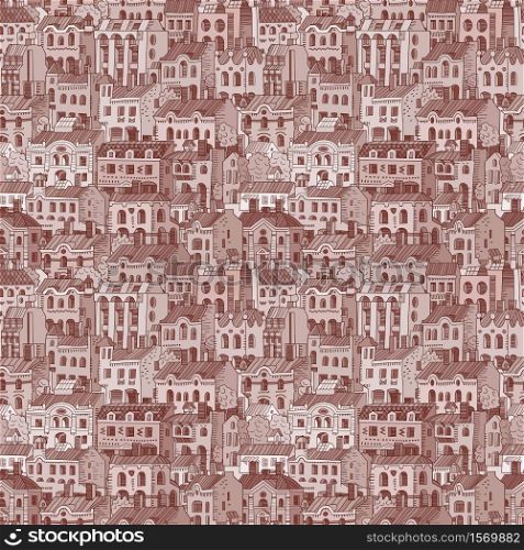 Vector hand drawn houses seamless pattern. Cartoon buildings background. Vector hand drawn houses seamless pattern.