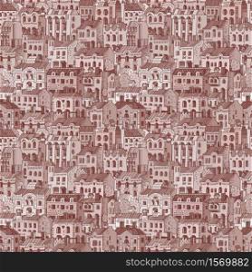 Vector hand drawn houses seamless pattern. Cartoon buildings background. Vector hand drawn houses seamless pattern.