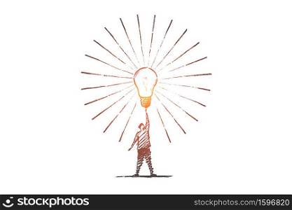 Vector hand drawn Idea concept sketch. Man standing and touching big shining bright light bulb on raised hand meaning getting great idea.. Hand drawn man touching big bright light bulb