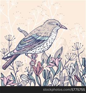 vector hand drawn illustration of a beige bird and blossoming spring flowers