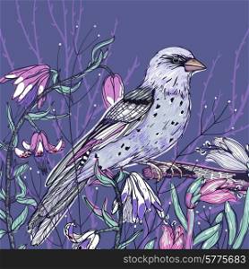 vector hand drawn illustration of a bird and spring blooming flowers on a violet background
