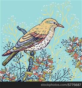 vector hand drawn illustration of a yellow bird and wild flowers on a bright blue backgound