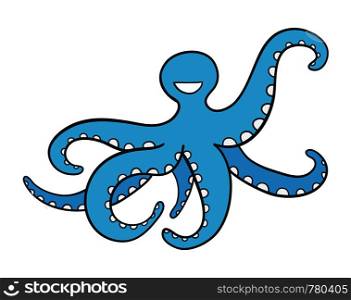 Vector hand-drawn illustration of blue octopus. Black outlines and colored.