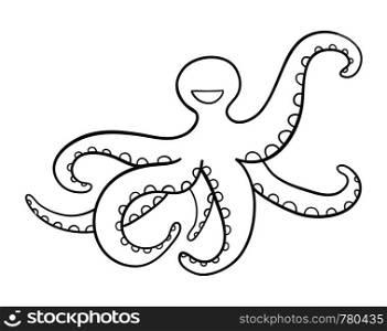Vector hand-drawn illustration of blue octopus. Black outlines and white background.