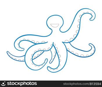 Vector hand-drawn illustration of blue octopus. Colored outlines and white background.