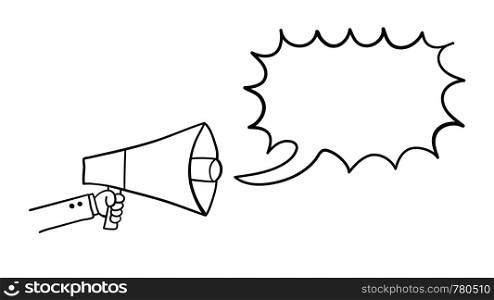 Vector hand-drawn illustration of businessman is holding megaphone and talking. Black outlines and white background.