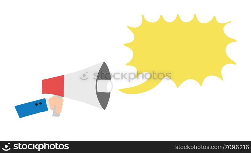 Vector hand-drawn illustration of businessman is holding megaphone and talking. Colored flat style.