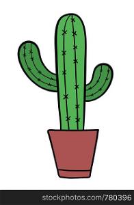 Vector hand-drawn illustration of cactus in flowerpot. Black outlines and colored.