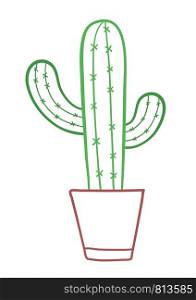 Vector hand-drawn illustration of cactus in flowerpot. Colored outlines and white background.