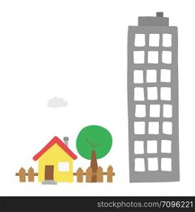 Vector hand-drawn illustration of detached house with garden, tree and tall building. Colored flat style.