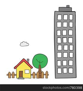 Vector hand-drawn illustration of detached house with garden, tree and tall building. Black outlines and colored.