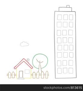 Vector hand-drawn illustration of detached house with garden, tree and tall building. Colored outlines and white background.
