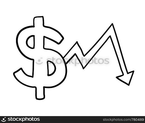 Vector hand-drawn illustration of dollar symbol with arrow moving down. Black outlines and white background.