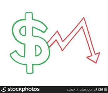 Vector hand-drawn illustration of dollar symbol with arrow moving down. Colored outlines and white background.