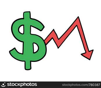 Vector hand-drawn illustration of dollar symbol with arrow moving down. Black outlines and colored.