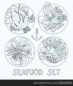 vector hand drawn illustration of four plates with seafood