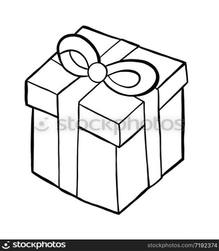 Vector hand drawn illustration of gift box. Black outlines and white background.