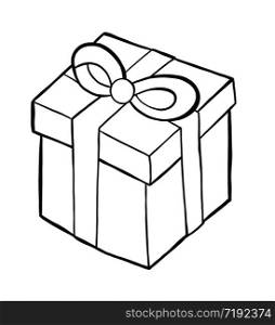 Vector hand drawn illustration of gift box. Black outlines and white background.