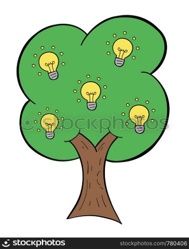 Vector hand-drawn illustration of glowing light bulb idea tree. Black outlines and colored.