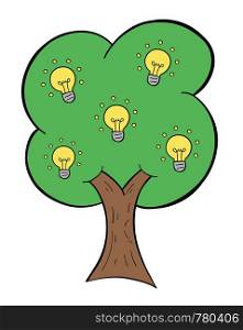 Vector hand-drawn illustration of glowing light bulb idea tree. Black outlines and colored.