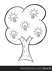 Vector hand-drawn illustration of glowing light bulb idea tree. Black outlines and white background.