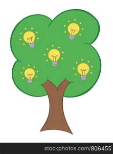 Vector hand-drawn illustration of glowing light bulb idea tree. Colored outlines and colored.