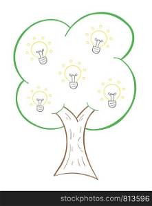 Vector hand-drawn illustration of glowing light bulb idea tree. Colored outlines and white background.