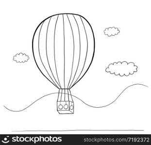 Vector hand drawn illustration of hot air balloon. Black outlines and white background.