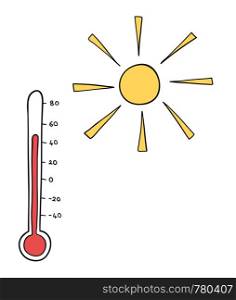 Vector hand-drawn illustration of hot weather, sun and thermometer. Black outlines and colored.