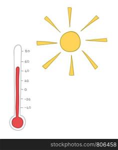 Vector hand-drawn illustration of hot weather, sun and thermometer. Colored outlines and colored.