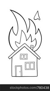 Vector hand-drawn illustration of house fire, detached house on fire. Black outlines and white background.