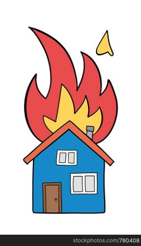 Vector hand-drawn illustration of house fire, detached house on fire. Black outlines and colored.