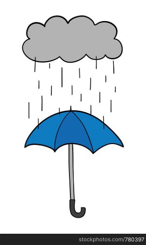 Vector hand-drawn illustration of it's raining and opened umbrella. Black outlines and colored.