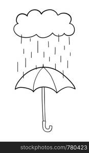 Vector hand-drawn illustration of it's raining and opened umbrella. Black outlines and white background.