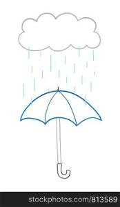 Vector hand-drawn illustration of it's raining and opened umbrella. Colored outlines and white background.