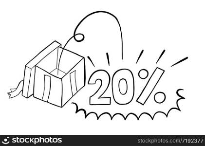 Vector hand drawn illustration of opened gift box and 20 percent discount. Black outlines and white background.