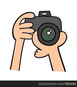 Vector hand-drawn illustration of photographer is holding his camera. Black outlines and colored.