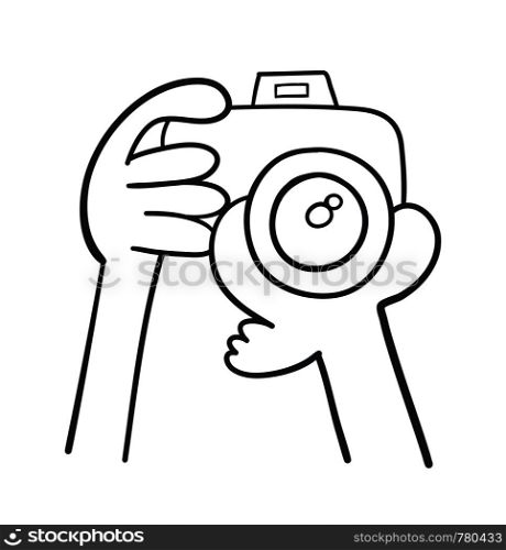 Vector hand-drawn illustration of photographer is holding his camera. Black outlines and white background.