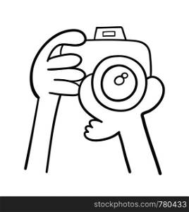 Vector hand-drawn illustration of photographer is holding his camera. Black outlines and white background.