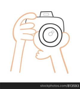 Vector hand-drawn illustration of photographer is holding his camera. Colored outlines and white background.