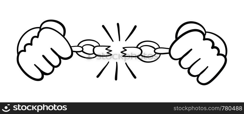 Vector hand-drawn illustration of prisoner breaking chains. Black outlines and white background.