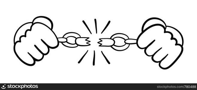 Vector hand-drawn illustration of prisoner breaking chains. Black outlines and white background.