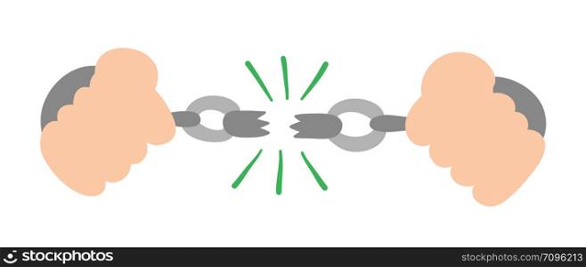 Vector hand-drawn illustration of prisoner breaking chains. Colored flat style.
