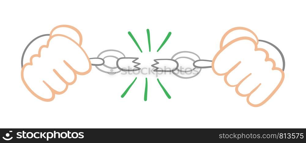 Vector hand-drawn illustration of prisoner breaking chains. Colored outlines and white background.