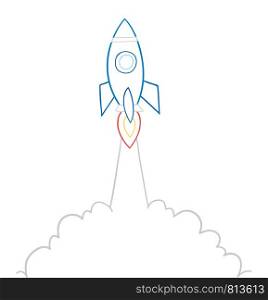 Vector hand-drawn illustration of rocket is flying. Colored outlines and white background.