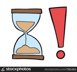 Vector hand-drawn illustration of sand watch with exclamation mark. Black outlines and colored.