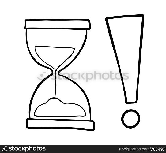 Vector hand-drawn illustration of sand watch with exclamation mark. Black outlines and white background.