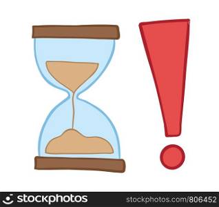 Vector hand-drawn illustration of sand watch with exclamation mark. Colored outlines and colored.